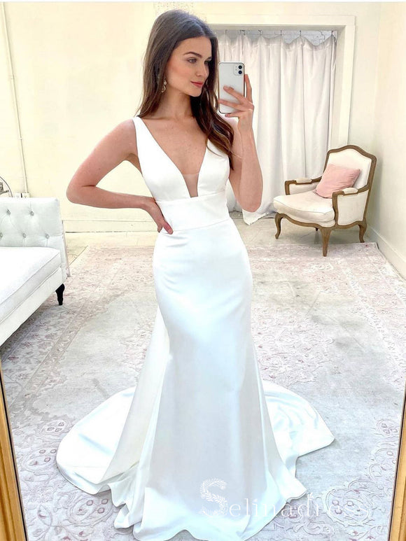 Chic Mermaid V neck Satin Wedding Dresses White Bridal Gowns CBD257|Selinadress