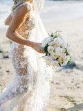 Chic Mermaid_Spaghetti Straps 3D Floral Lace Rustic Beach Wedding Dresses MLK04879|Selinadress