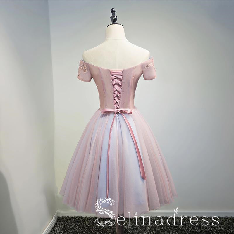 Chic Off-the-shoulder Pink Homecoming Dress Modest Cheap Short Prom Dr SELINADRESS Chic Off-the-shoulder Pink Homecoming Dress Modest Cheap Short Prom Dr SELINADRESS