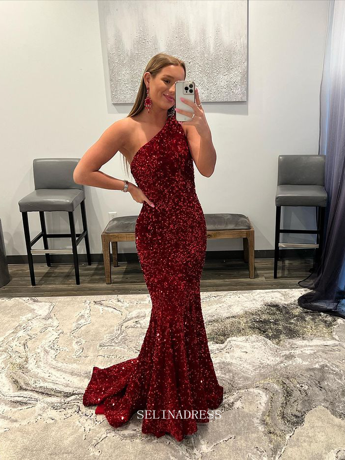Chic One Shoulder Burgundy Long Prom Dresses Sequins Mermaid Evening D SELINADRESS Chic One Shoulder Burgundy Long Prom Dresses Sequins Mermaid Evening D SELINADRESS