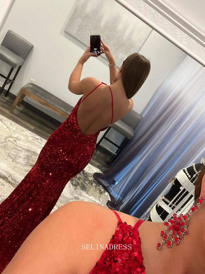 Chic One Shoulder Burgundy Long Prom Dresses Sequins Mermaid Evening D SELINADRESS Chic One Shoulder Burgundy Long Prom Dresses Sequins Mermaid Evening D SELINADRESS