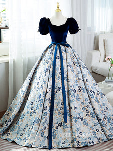 Chic Puff Sleeve Long Prom Dress Floral Ball Gown Elegant Evening Dress #QWE054|Selinadress