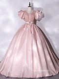 Chic Puff Sleeve Pink Prom Dress Cute Princess Dress Evening Dress #QWE049|Selinadress