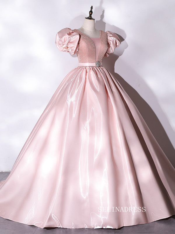 Chic Puff Sleeve Pink Prom Dress Cute Princess Dress Evening Dress #QW SELINADRESS Chic Puff Sleeve Pink Prom Dress Cute Princess Dress Evening Dress #QW SELINADRESS
