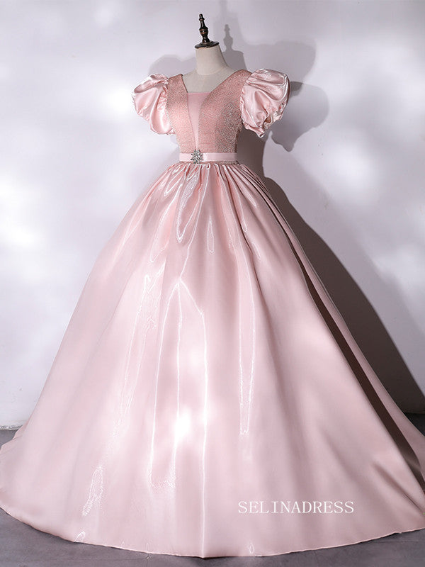 Chic Puff Sleeve Pink Prom Dress Cute Princess Dress Evening Dress #QW SELINADRESS Chic Puff Sleeve Pink Prom Dress Cute Princess Dress Evening Dress #QW SELINADRESS