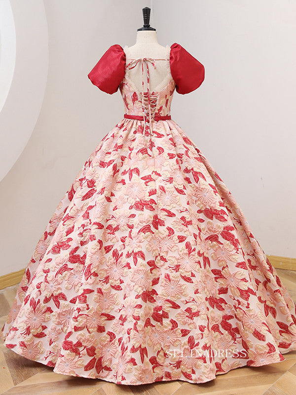 red prom princess dress A-Line Strapless Elegant Princess Dark Red Long Prom Dress with 3D Flowers