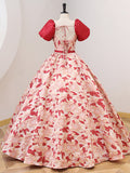 Chic Puff Sleeve Red Prom Dress With Flower Princess Dress Evening Dress #QWE050|Selinadress