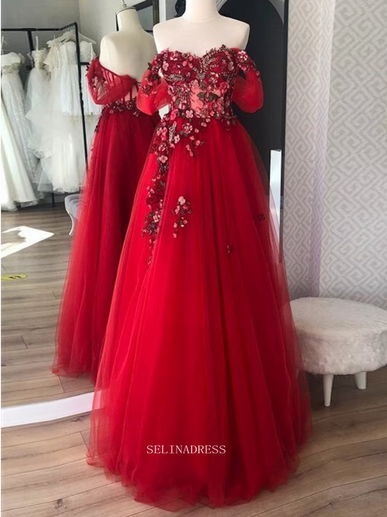 Chic Red Tulle Corset Dress Long Prom Dresses Floral Evening Gowns For –  SELINADRESS