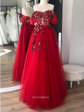 Chic Red Tulle Corset Dress Long Prom Dresses Floral Evening Gowns Formal Dress POL018|Selinadress