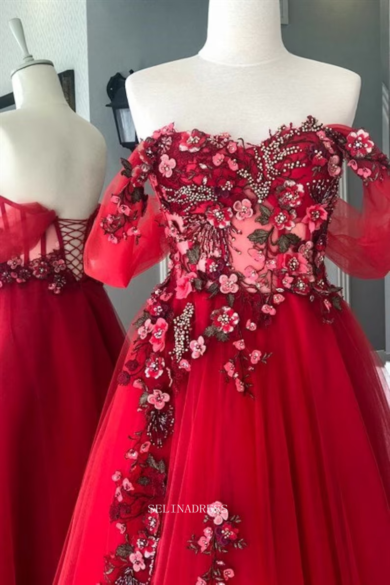 Chic Red Tulle Corset Dress Long Prom Dresses Floral Evening Gowns For SELINADRESS Chic Red Tulle Corset Dress Long Prom Dresses Floral Evening Gowns For SELINADRESS