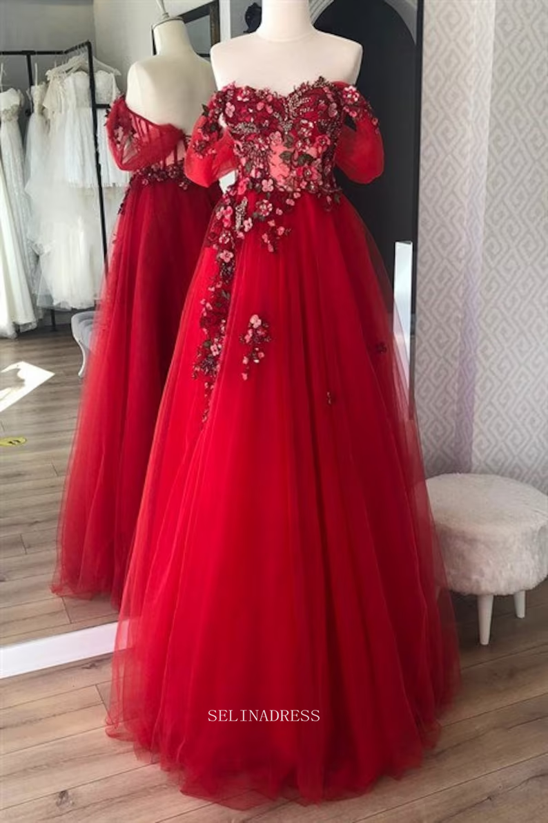 red prom corset dresses Chic Red Tulle Corset Dress Long Prom Dresses Floral Evening Gowns For – SELINADRESS