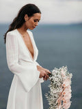 Chic Sheath/Column Deep V neck Long Sleeve Wedding Gowns Rustic Wedding Dresses MLH0498|Selinadress