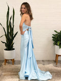 Chic Sheath/Column Halter Light Sky Blue Long Prom Dresses Evening Dress CBD043