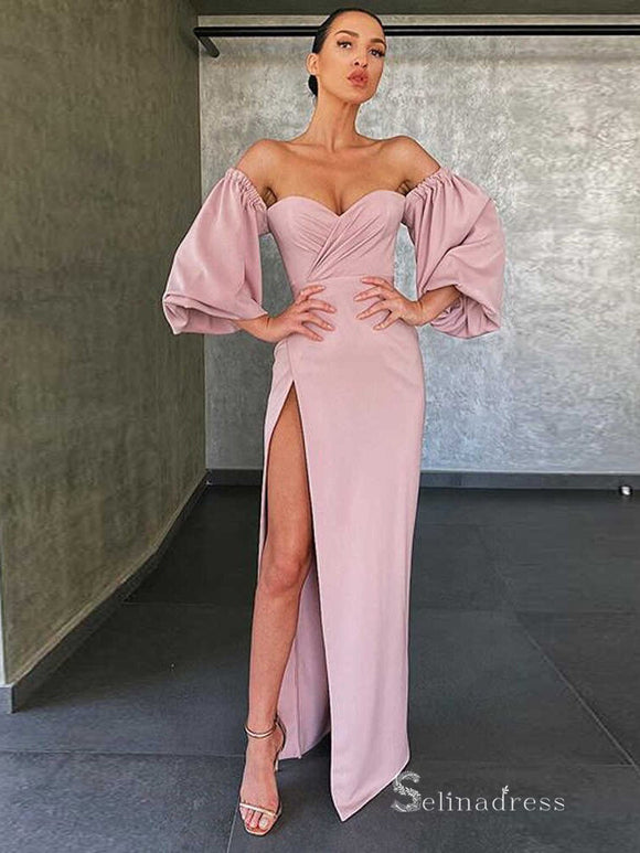 Chic Sheath/Column Off-the-shoulder Pink Long Prom Dress Elegant Evening Dresses MHL186|Selinadress