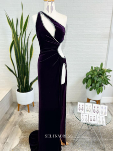 Chic Sheath/Column One Shoulder Grape Long Prom Dresses Rhinestone Evening Gowns Pageant Dress TKL060|Selinadress