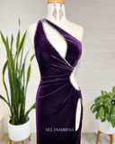 Chic Sheath/Column One Shoulder Grape Long Prom Dresses Rhinestone Evening Gowns Pageant Dress TKL060|Selinadress