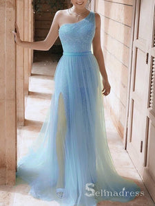 Chic Sheath/Column One Shoulder Light Sky Blue Long Prom Dresses Sparkly Evening Dress CBD284