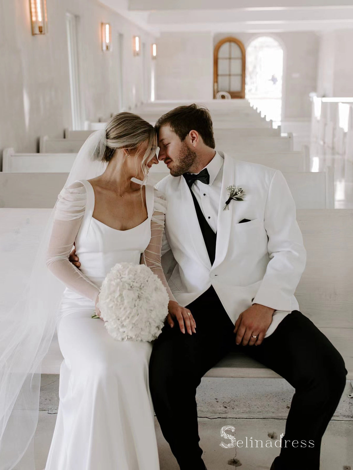 Chic Sheath/Column Scoop Long Sleeve Satin Wedding Dress Bridal Gowns HKL0142 Chic Sheath/Column Scoop Long Sleeve Satin Wedding Dress Bridal Gowns HKL0142