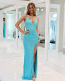 Chic Sheath/Column Spaghetti Straps Elegant Long Prom Dress Thigh Split Formal Dress #LOP802|Selinadress