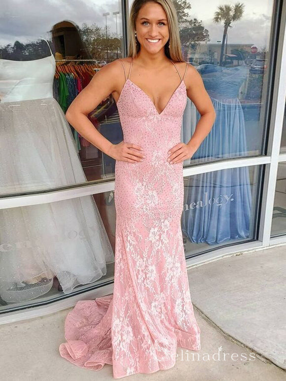 Chic Sheath/Column Spaghetti Straps Lace Prom Dresses Pink Evening Gowns MSL002|Selinadress