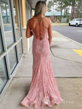 Chic Sheath/Column Spaghetti Straps Lace Prom Dresses Pink Evening Gowns MSL002|Selinadress