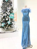 Chic Sheath/Column Strapless Sequins Feather Blue Long Prom Dresses Evening Dresses MLH2012|Selinadress