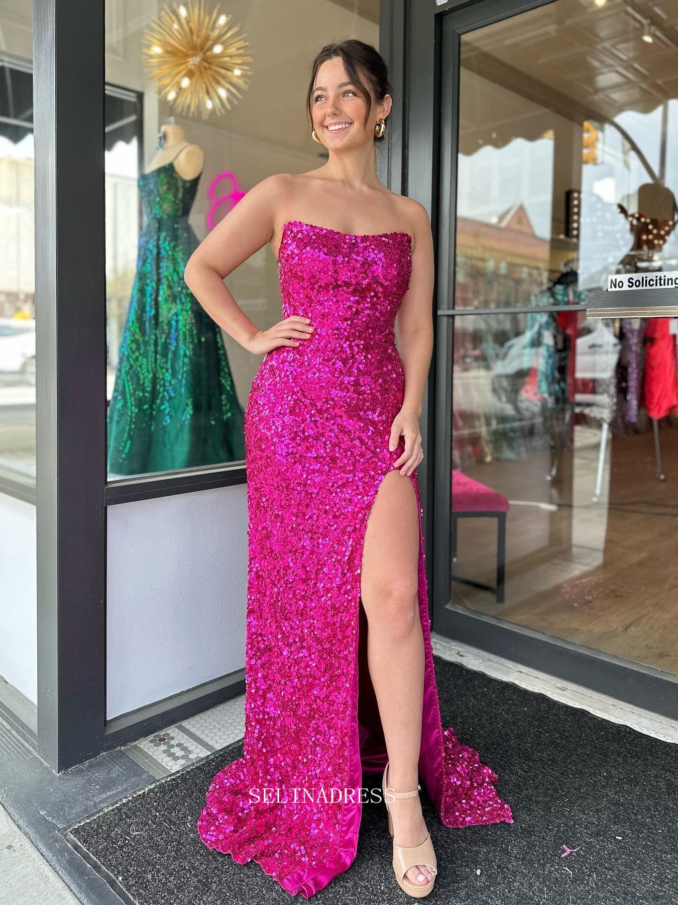 Charming A Line One Shoulder Fuchsia Sequins Long Prom Dresses with Slit