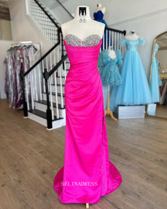 Chic Sheath/Column Sweetheart Beaded Long Prom Dress Hot Pink Elegant Evening Dress #lop245|Selinadress