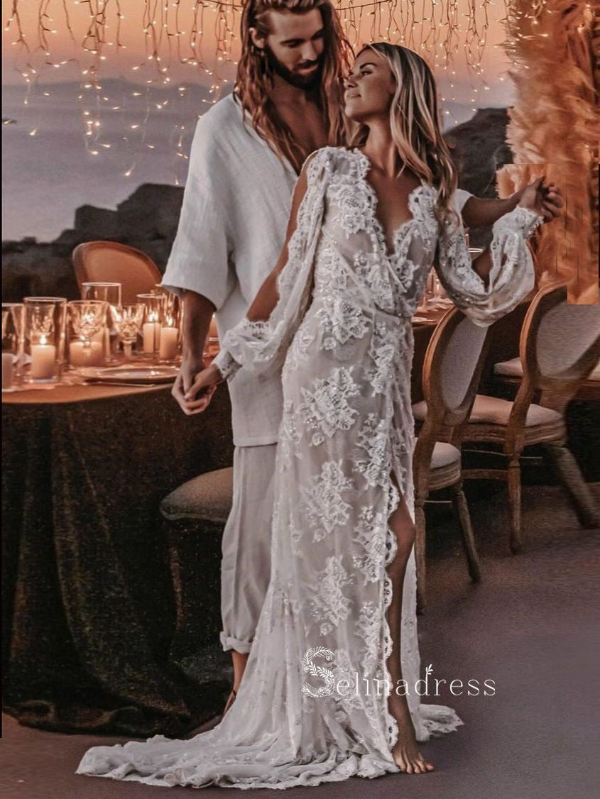Chic Sheath/Column V neck See Through Wedding Dresses Lace Bridal Gowns CBD387 Chic Sheath/Column V neck See Through Wedding Dresses Lace Bridal Gowns CBD387