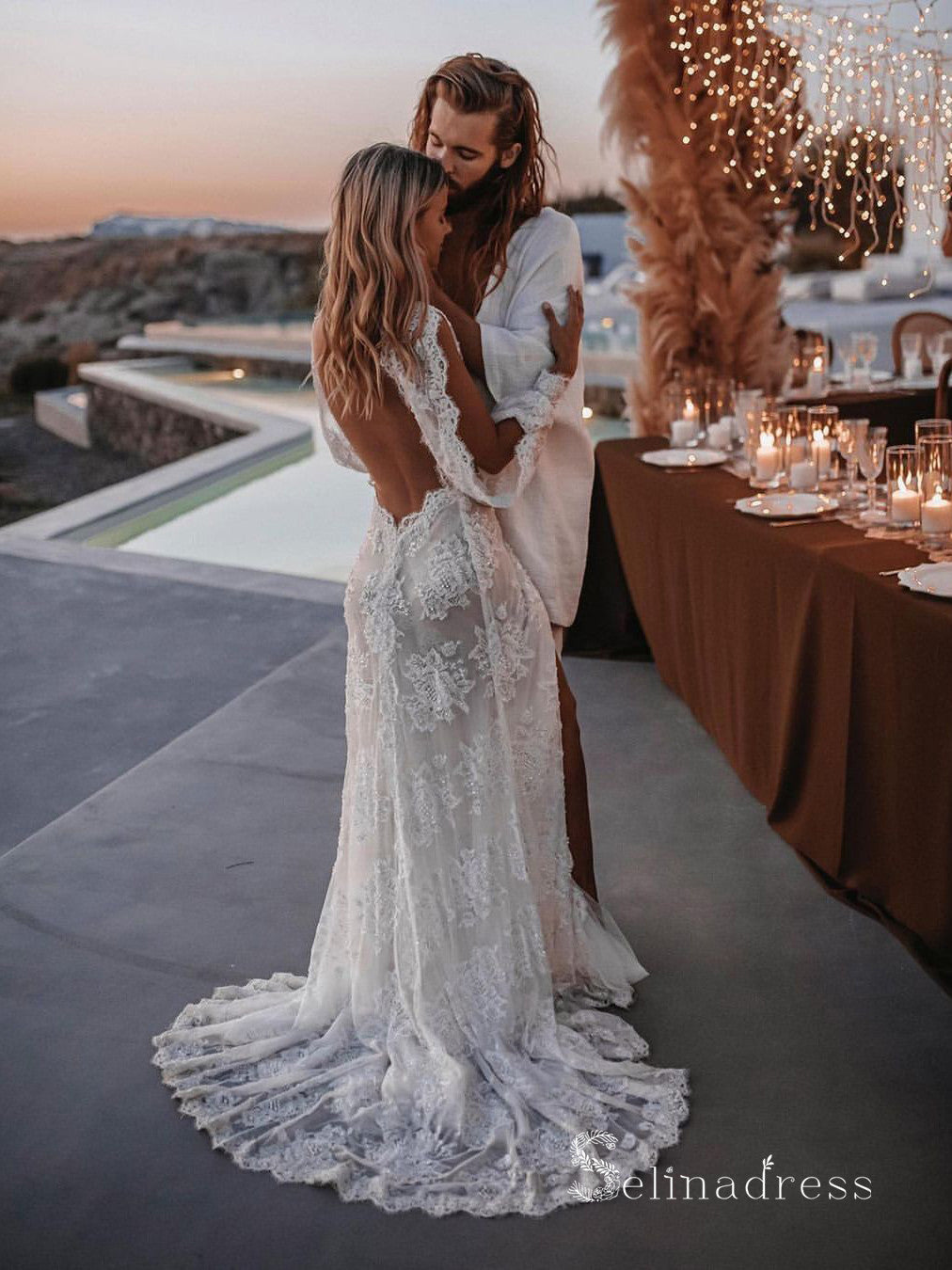 Chic Sheath/Column V neck See Through Wedding Dresses Lace Bridal Gown SELINADRESS Chic Sheath/Column V neck See Through Wedding Dresses Lace Bridal Gown SELINADRESS