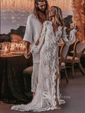 Chic Sheath/Column V neck See Through Wedding Dresses Lace Bridal Gowns CBD387