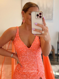 Chic Sheath/Column V neck Orange Long Prom Dresses Sequins Long Evening Dress Formal Dresses TKL073|Selinadress