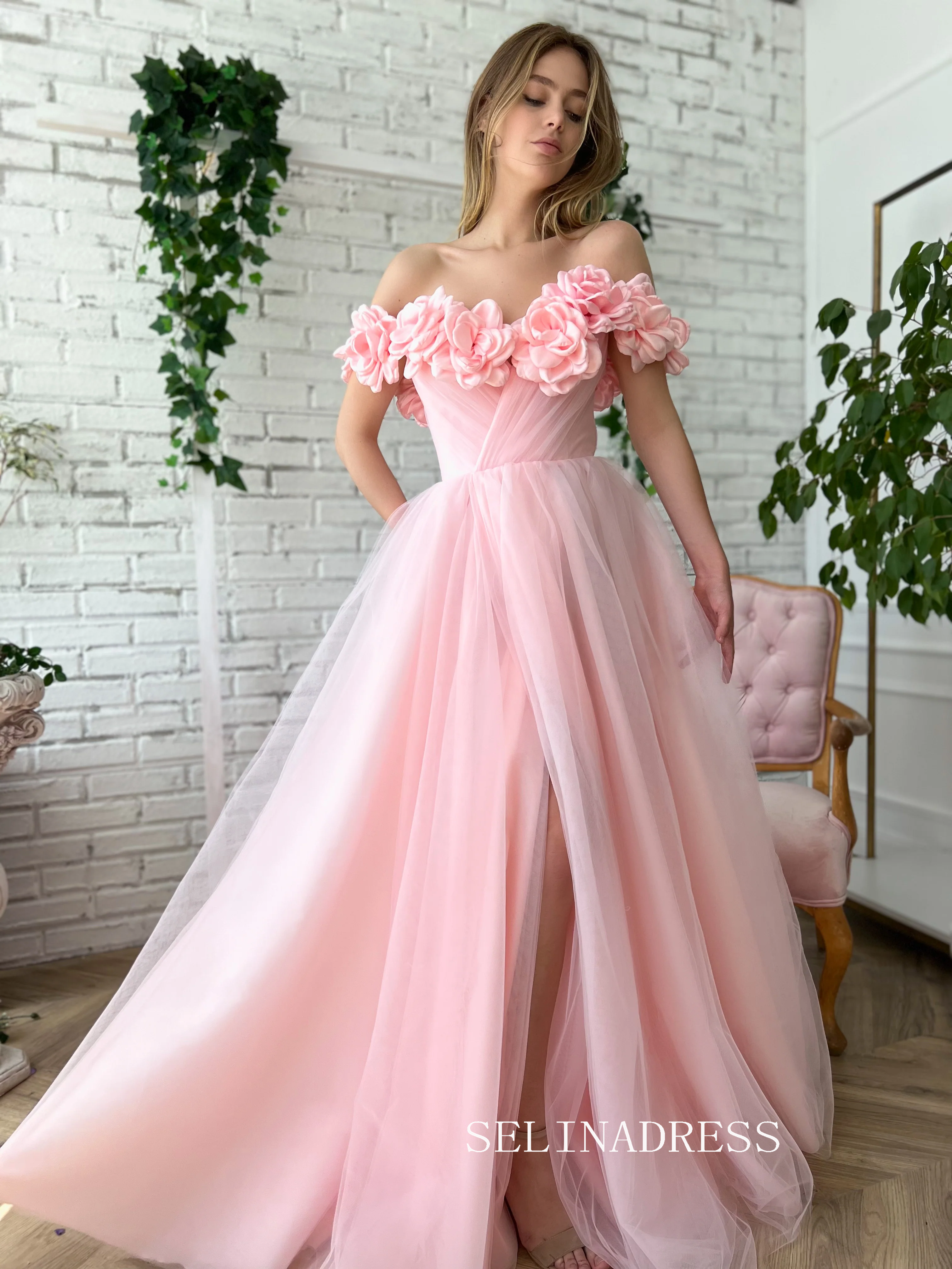 Chic Soft Baby Pink Long Prom Dress With Flower Off-the-shoulder Pink SELINADRESS Chic Soft Baby Pink Long Prom Dress With Flower Off-the-shoulder Pink SELINADRESS