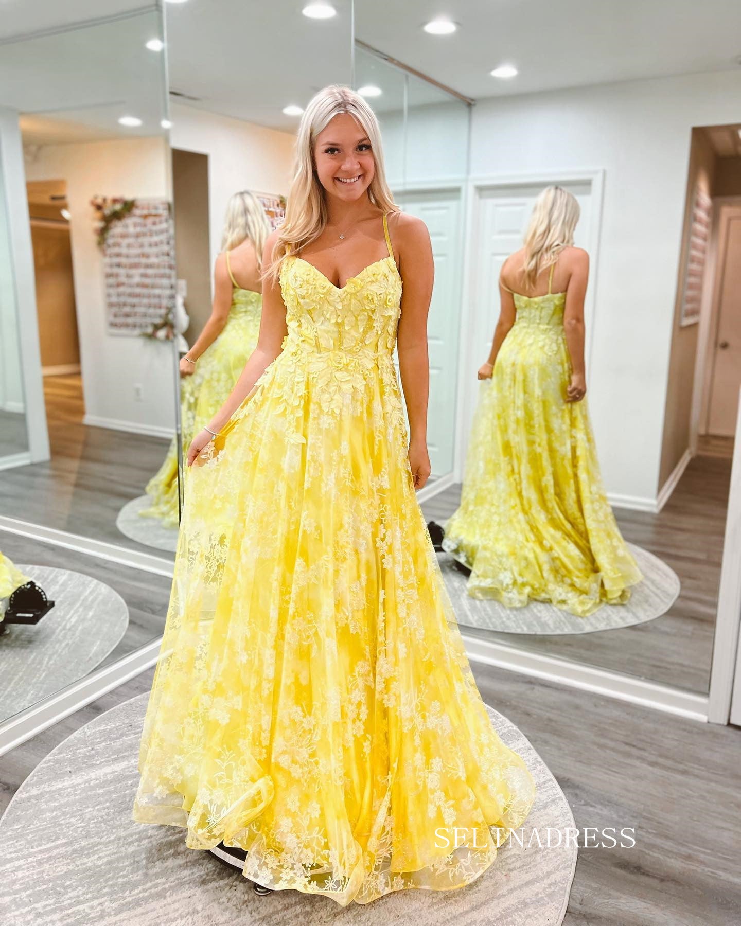 Chic Spaghetti Straps Applique Lace Long Prom Dress Yellow Elegant Eve SELINADRESS Chic Spaghetti Straps Applique Lace Long Prom Dress Yellow Elegant Eve SELINADRESS