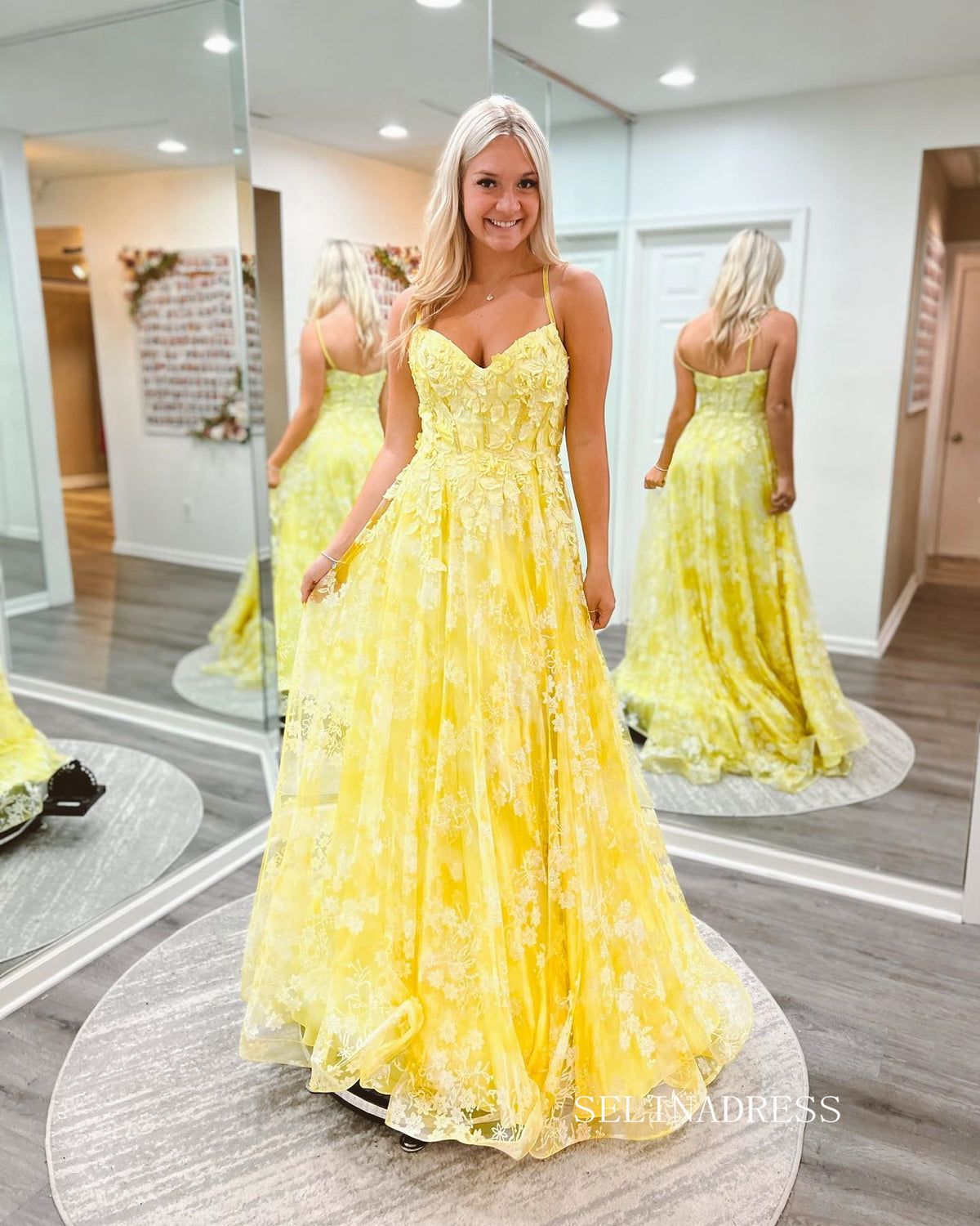 yellow lace formal dress A-line Round Neck Tulle Lace Yellow Prom Dress Formal Dress PSK032 US10 / Yellow