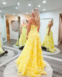 Chic Spaghetti Straps Applique Lace Long Prom Dress Yellow Elegant Evening Dress #LOP804|Selinadress