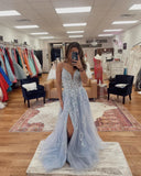 Chic Spaghetti Straps Lace Beaded Long Prom Dress Feather Blue Elegant Evening Dress #JKSS61|Selinadress