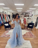 Chic Spaghetti Straps Lace Beaded Long Prom Dress Feather Blue Elegant Evening Dress #JKSS61|Selinadress