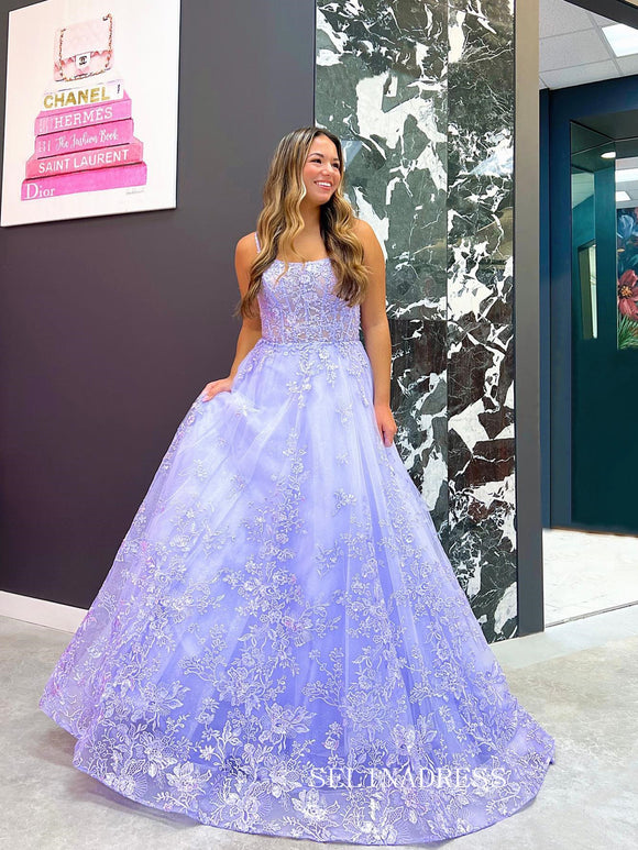 Chic Spaghetti Straps Lace Long Prom Dress Blue Elegant Lavender Evening Dress #OPW012|Selinadress