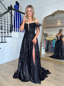 Chic Spaghetti Straps Lace Long Prom Dress Feather Thigh Split Elegant Evening Dress #JKSS618|Selinadress