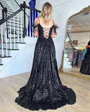 Chic Spaghetti Straps Lace Long Prom Dress Feather Thigh Split Elegant Evening Dress #JKSS618|Selinadress