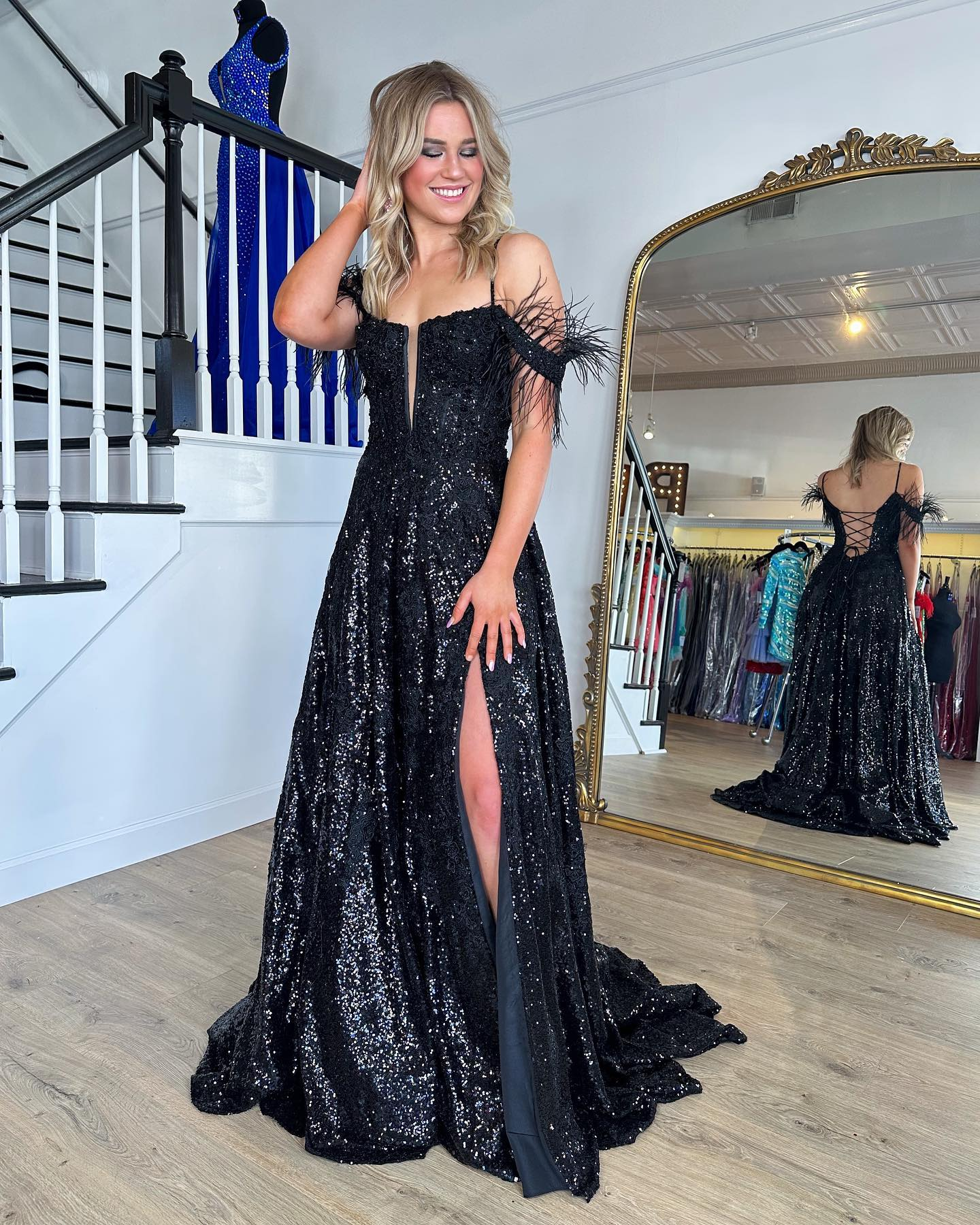 Chic Spaghetti Straps Lace Long Prom Dress Feather Thigh Split Elegant SELINADRESS Chic Spaghetti Straps Lace Long Prom Dress Feather Thigh Split Elegant SELINADRESS