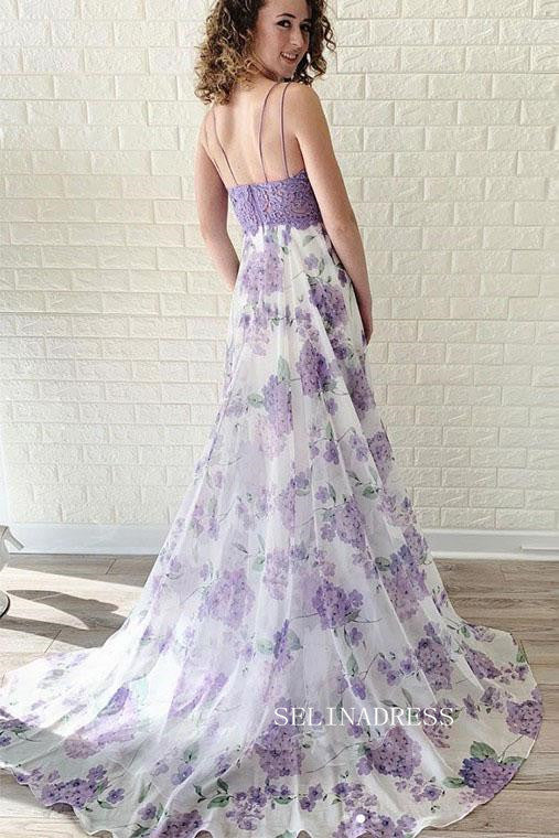Chic Spaghetti Straps Lavender Lace Prom Dress Elegant Flower Party Dr SELINADRESS Chic Spaghetti Straps Lavender Lace Prom Dress Elegant Flower Party Dr SELINADRESS