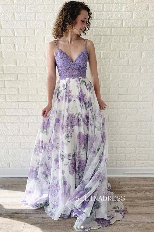 lavender party dress Chiffon Lace Long Prom with Corset, Beautiful Evening P the top is see through effect 10 Chic Spaghetti Straps Lavender Lace