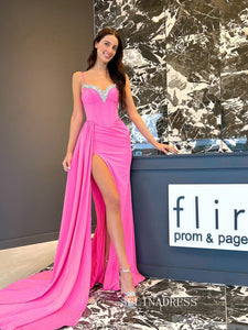 Chic Spaghetti Straps Mermaid Long Prom Dress Beaded Elegant Hot Pink Evening Dress #OPW013|Selinadress