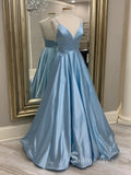 Chic Spaghetti Straps Sky Blue Long Prom Dresses Cheap Formal Gowns CBD056