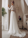 Chic Two Pieces Bateau Long Sleeve Boho Wedding Dress Lace Bridal Gowns MLH0490|Selinadress