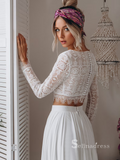 Chic Two Pieces Bateau Long Sleeve Boho Wedding Dress Lace Bridal Gowns MLH0490