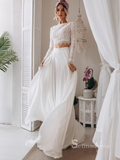 Chic Two Pieces Bateau Long Sleeve Boho Wedding Dress Lace Bridal Gowns MLH0490|Selinadress