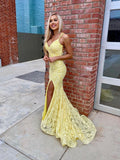 Chic Two Pieces Double Spaghetti Straps Lace Long Prom Dress Daffodils Elegant Party Dress #JKSS46|Selinadress